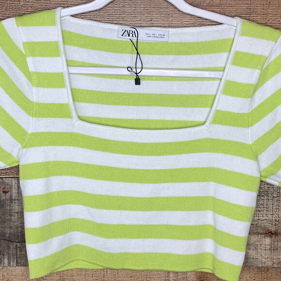 NEW ZARA Striped Square Neck Crop Top Short Sleeve Neon Green White Size Large - Picture 3 of 9